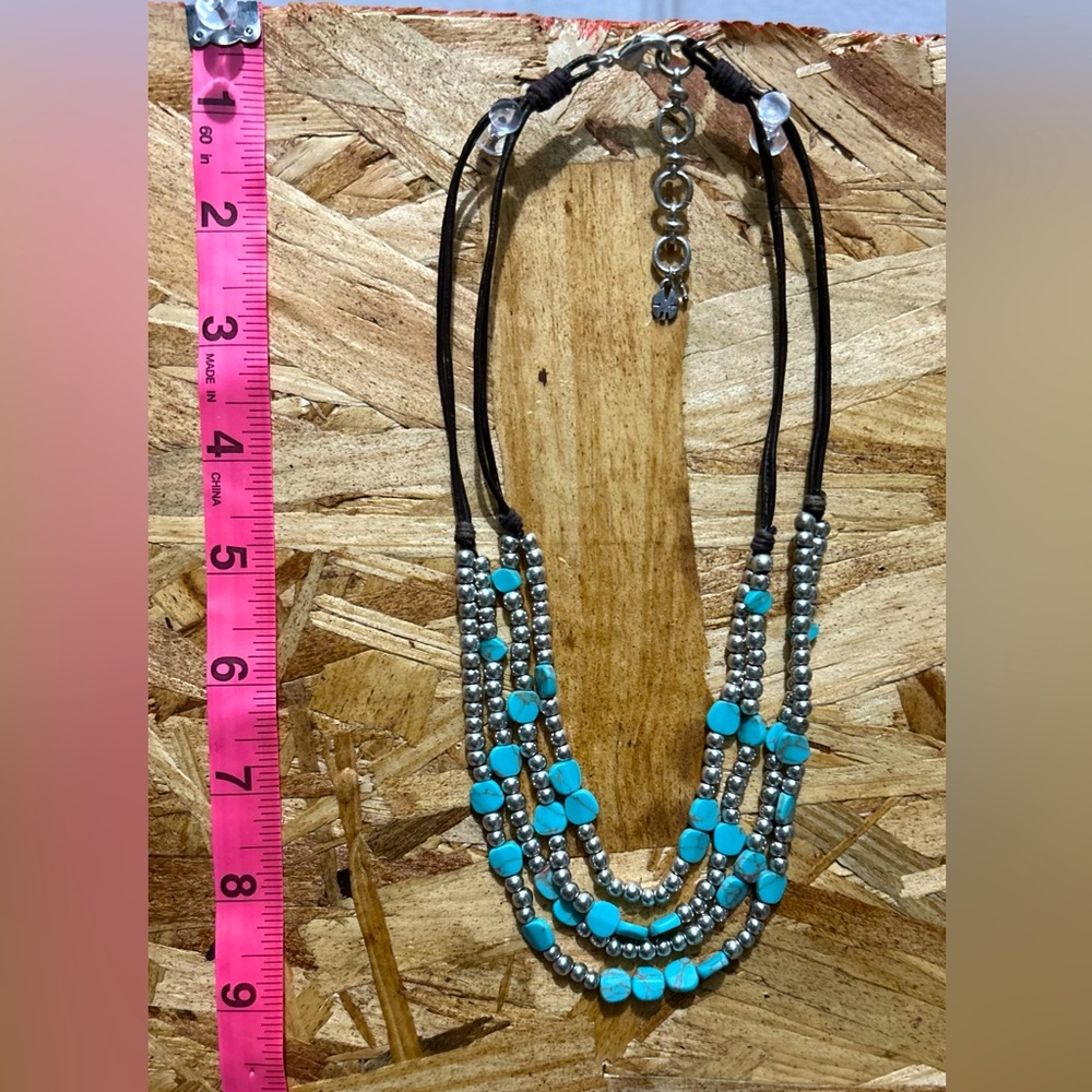 Lucky Brand black leather strap faux turquoise,silver necklace